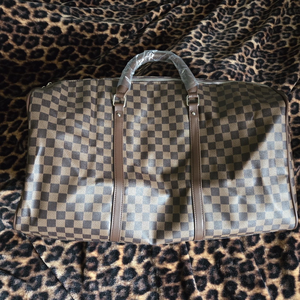 Brown Checkered Duffel Bag with Faux Leather Trim, NWT